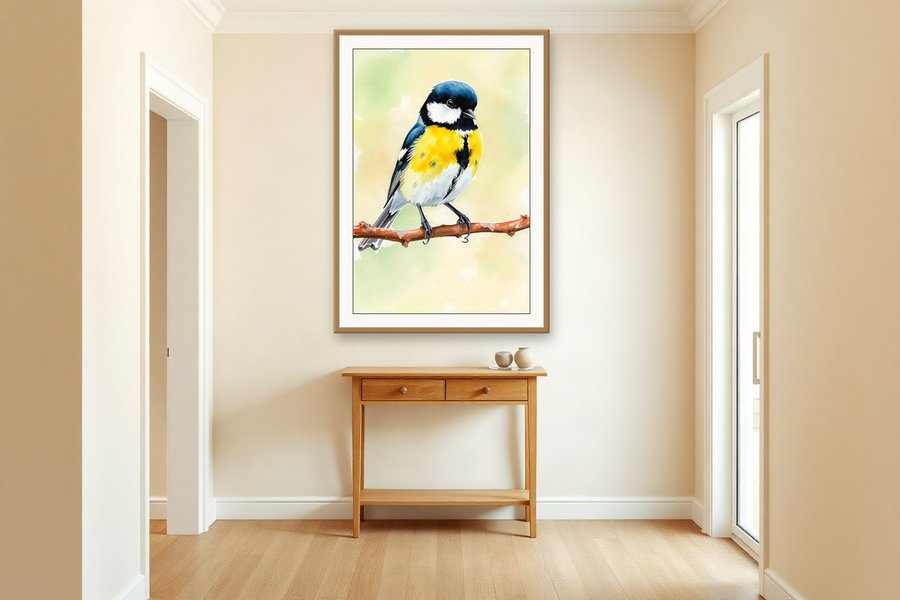 Great Tit, Study, shown in a room setting