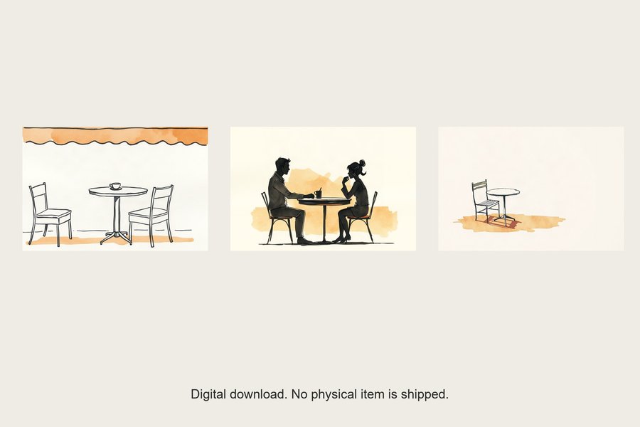 Cafe Life gallery wall set of three prints, shown in a room setting