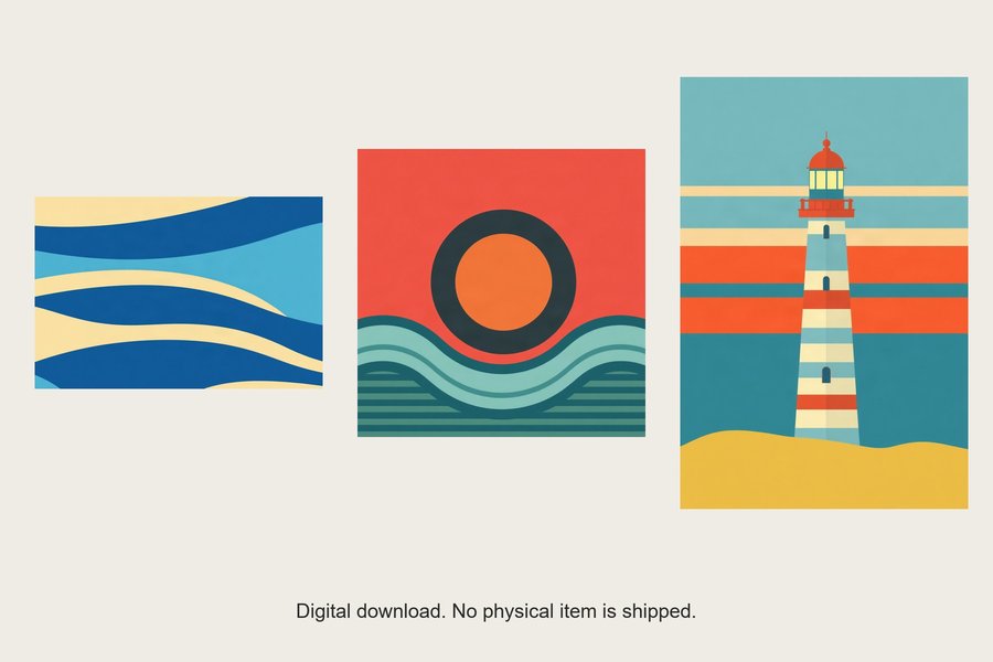 Coastal Stripes gallery wall set of three prints, shown in a room setting