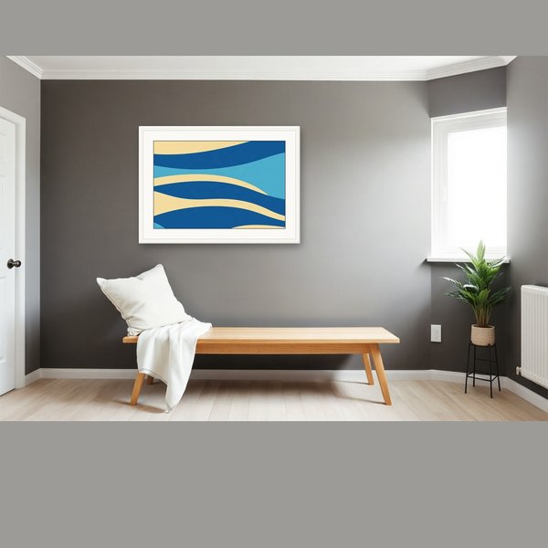 Striped Horizon Blue, built from bold flat shapes and confident negative space -- bold flat blues, cream and warm sun tones.