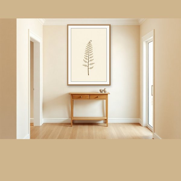 Single Fern Frond, a minimal fine-line botanical design on warm white -- warm white and a soft sepia line, minimal and quietly botanical.