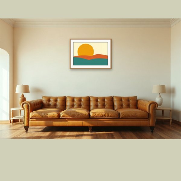 Mustard Sun, Hills, built from bold flat shapes and confident negative space -- warm mustard, burnt orange and teal.