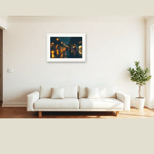 Street Lamps, Reflected, an atmospheric scene generated in wet-night blue, lamplight gold and blurred colour, built for mood and depth rather than a literal view.