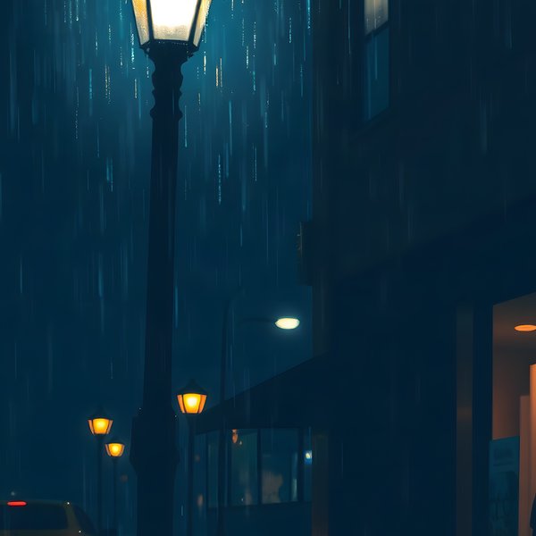 Lamppost in the Window, an atmospheric scene generated in wet-night blue, lamplight gold and blurred colour, built for mood and depth rather than a literal view.