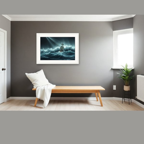 Tall Ship, Towering Swell, an atmospheric scene generated in stormy grey, slate blue and dramatic light, built for mood and depth rather than a literal view.