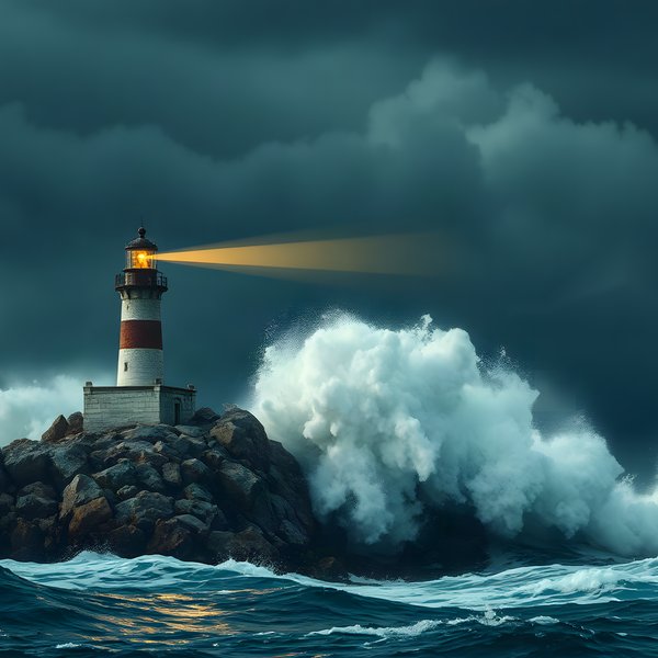 Lighthouse, Wave Burst, an atmospheric scene generated in stormy grey, slate blue and dramatic light, built for mood and depth rather than a literal view.