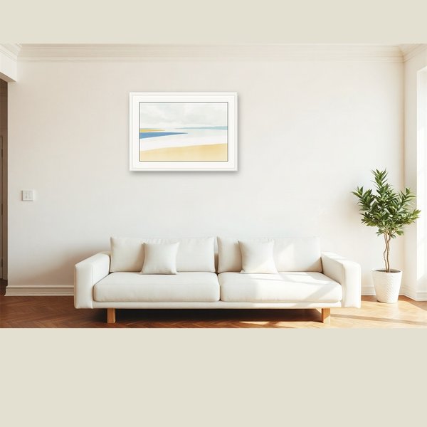 Estuary Mouth, Mist, rendered in loose watercolour-style washes on a soft paper-grain ground -- sea-glass blue, bone white and soft grey, nothing holding a hard edge.