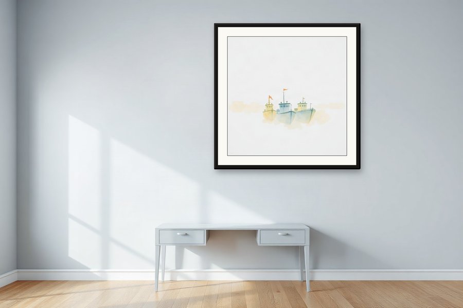 Moored Boats, Mist, shown in a room setting