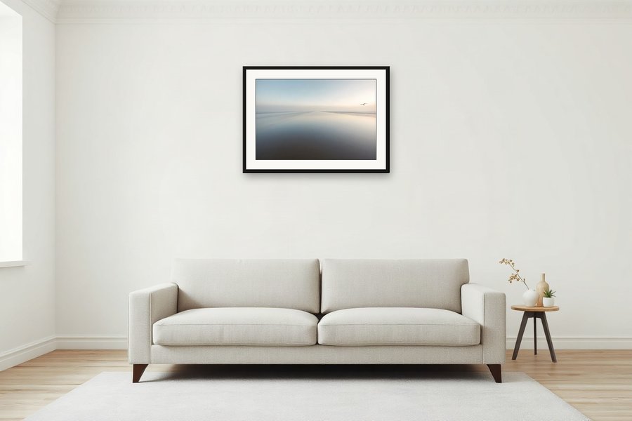 First Light, Empty Shore shown above a sofa