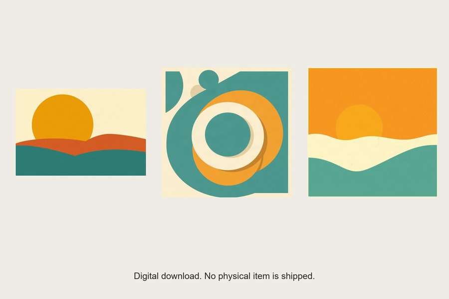 Mid-Century Sun gallery wall set of three prints, shown in a room setting