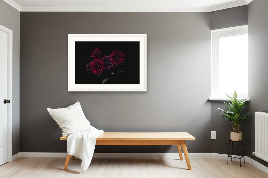 Burgundy Dahlias, shown in a room setting