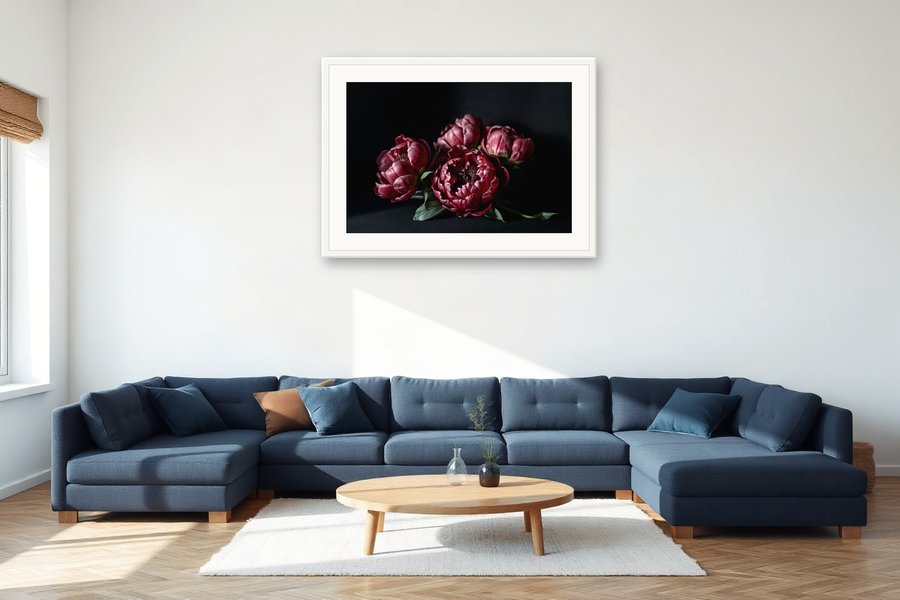 Wilting Peonies, Dark, shown in a room setting
