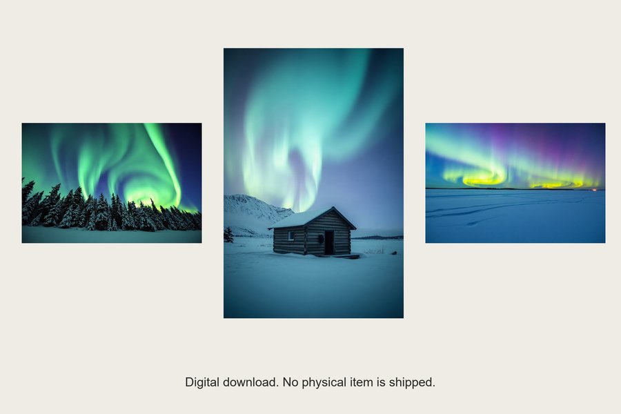 Northern Lights gallery wall set of three prints, shown in a room setting