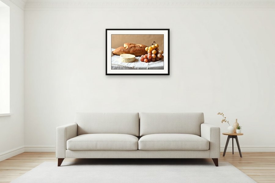 Cheese, Bread and Grapes, shown in a room setting