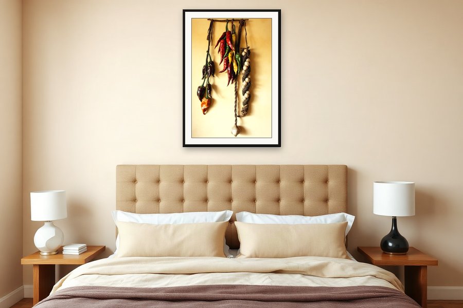 Dried Chillies and Garlic, shown in a room setting