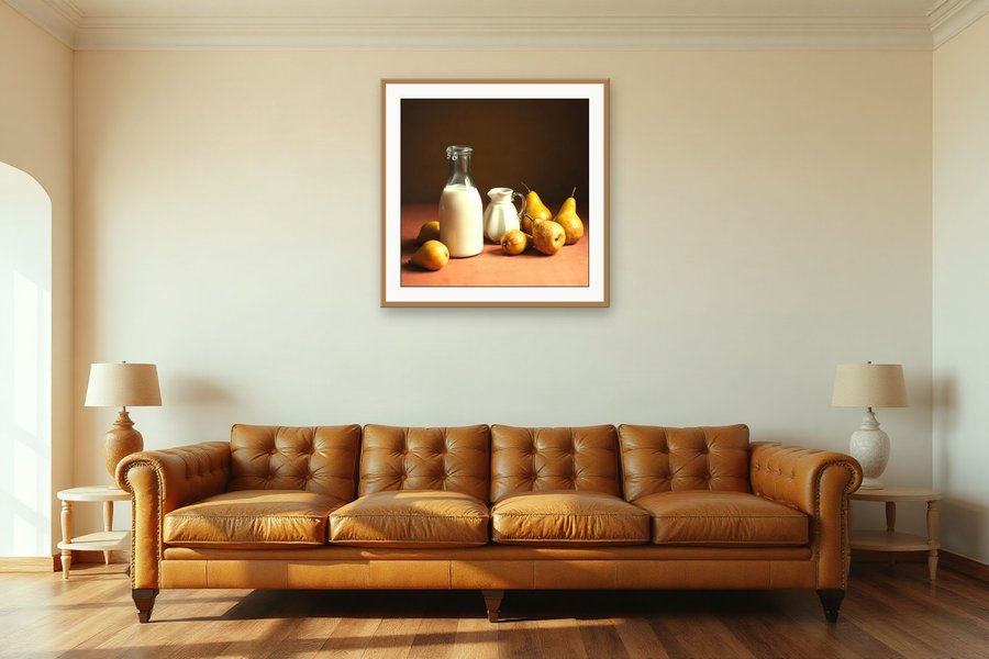 Milk Bottle and Pears, shown in a room setting