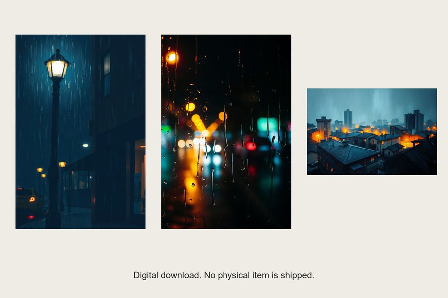 Rain on Glass gallery wall set of three prints, shown in a room setting
