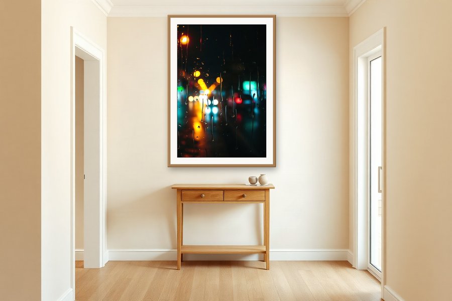 Rainy Window, Bokeh, shown in a room setting