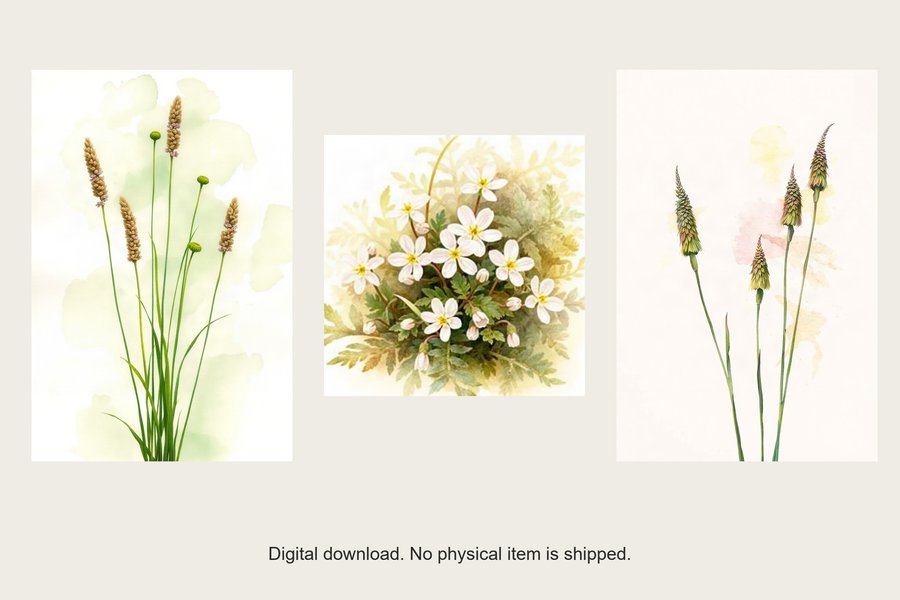 Wildflower Margins gallery wall set of three prints, shown in a room setting